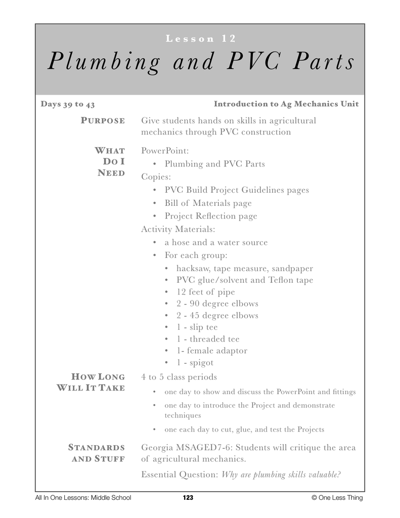 7-12 Intro to PVC and Plumbing, Lesson Plan Download