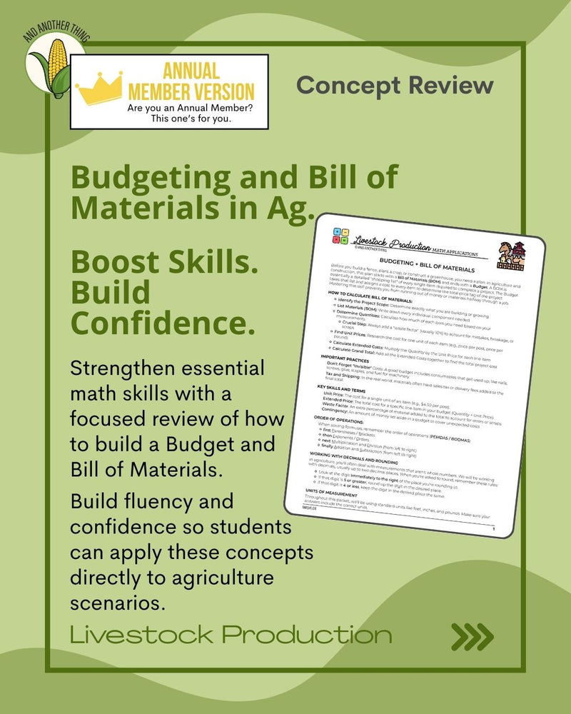 Load image into Gallery viewer, And Another Thing MATH APPLICATION, Livestock Production BUDGETING AND BILL OF MATERIALS (ANNUAL)
