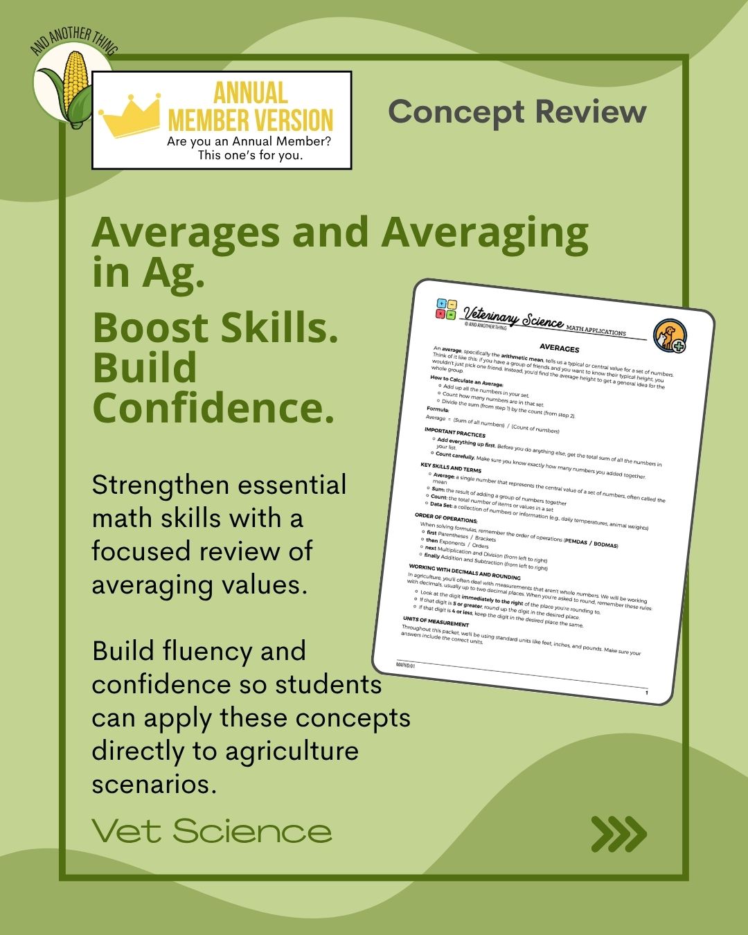 And Another Thing MATH APPLICATION, Vet Science AVERAGES (ANNUAL) – One ...