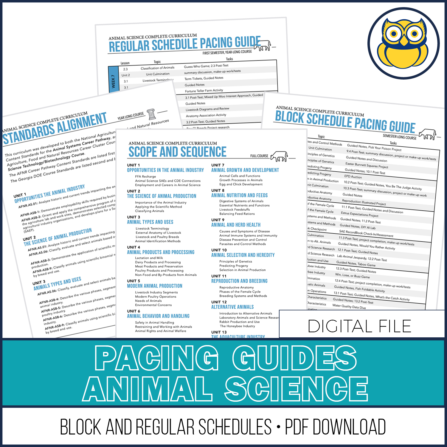 Pacing Guide, ANIMAL SCIENCE – One Less Thing