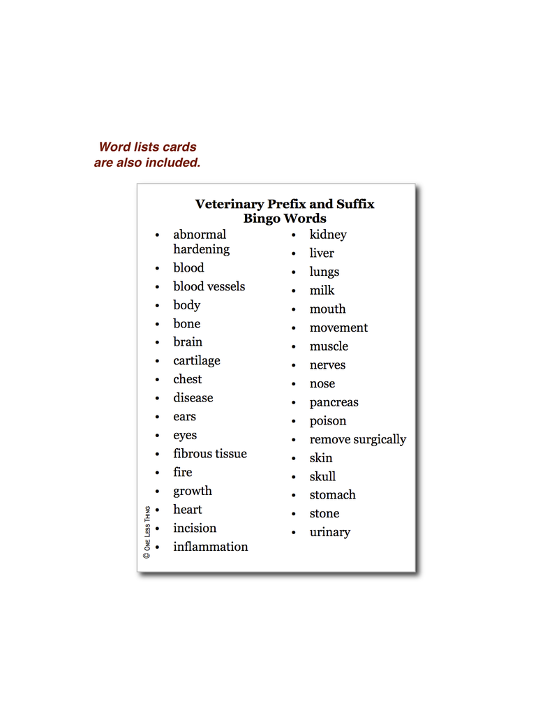 Vet Prefix and Suffix Terminology, Bingo Download Only