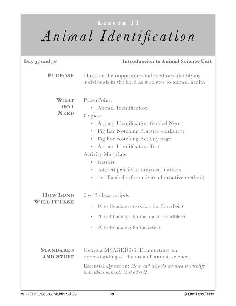 6-11 Animal ID Systems, Lesson Plan Download – One Less Thing