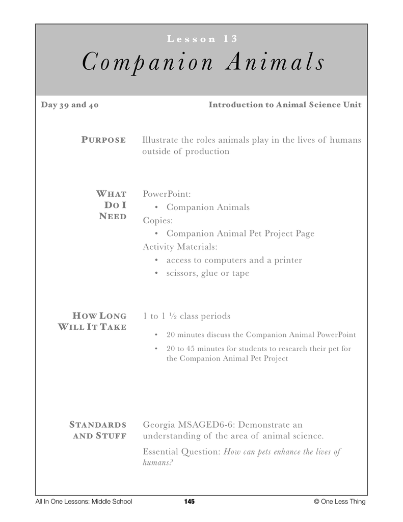 6-13 Intro to Companion Animals, Lesson Plan Download