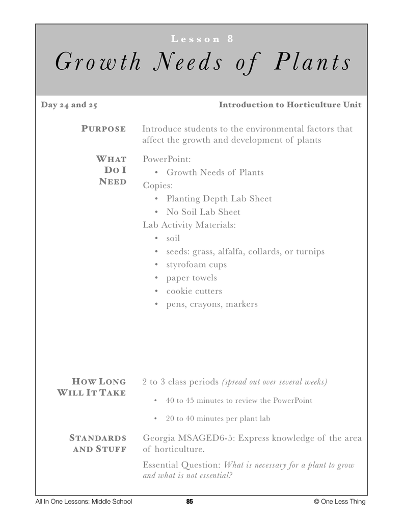 6-08 Growth Needs of Plants, Lesson Plan Download
