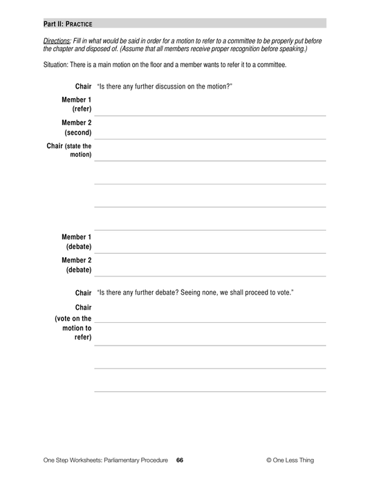 Parliamentary Procedure, One Step Worksheet Downloads