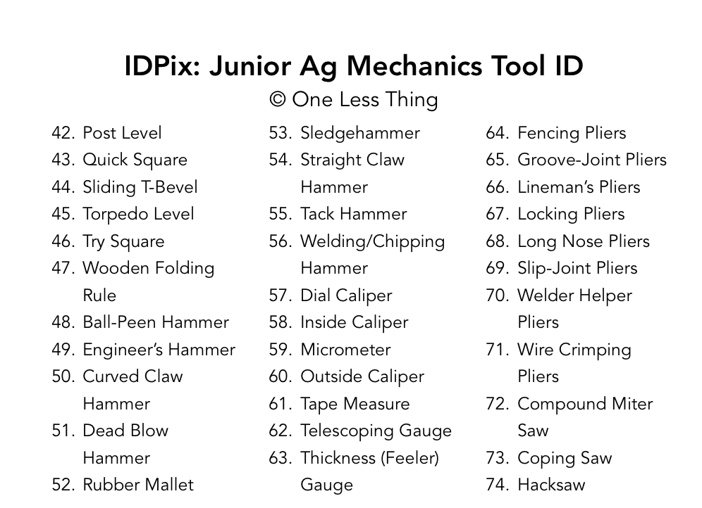 Junior Ag Mechanics Tool ID IDPix Cards