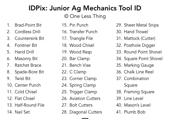 Junior Ag Mechanics Tool ID IDPix Cards